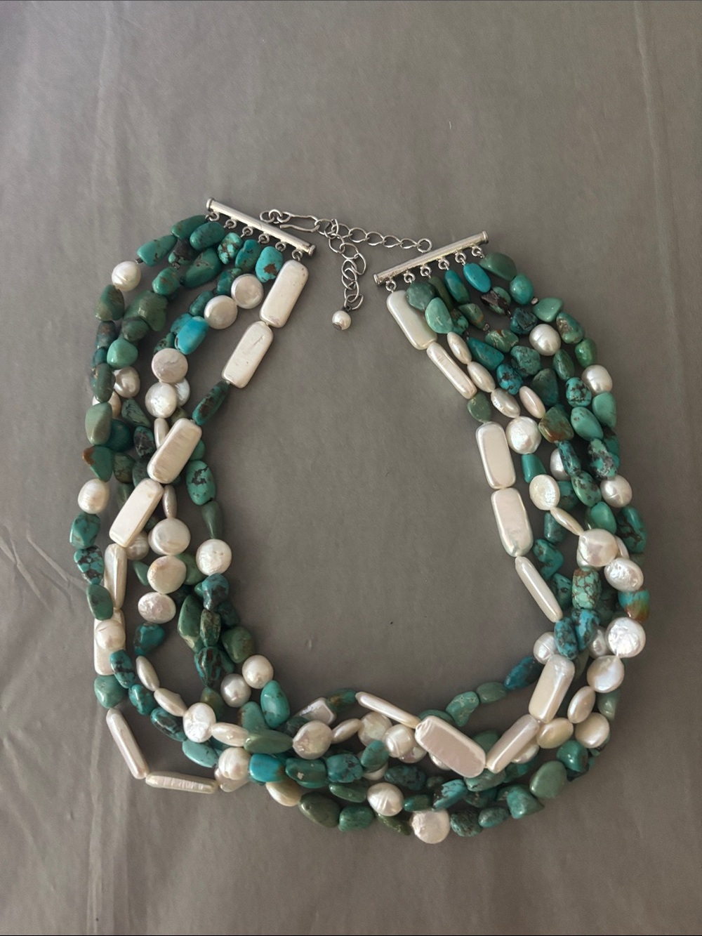 Turquoise and pearl 6 strand necklace.